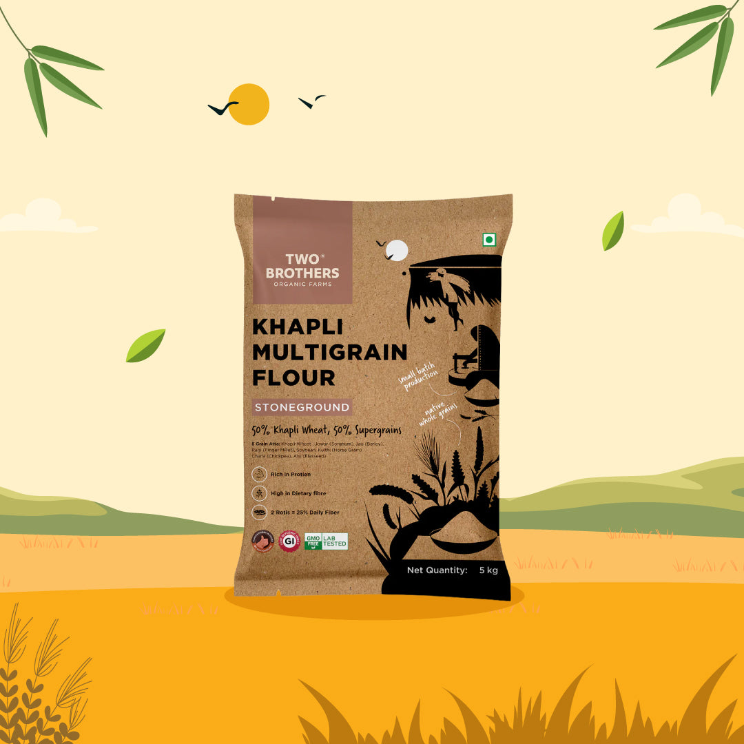 A 5kg pack of Two Brothers Organic Farms stoneground Khapli Multigrain Flour