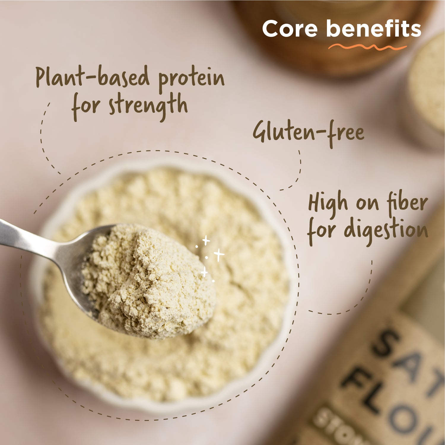 A spoon of Two Brothers Sattu Flour highlighting gluten-free, plant-based protein, and high fiber benefits