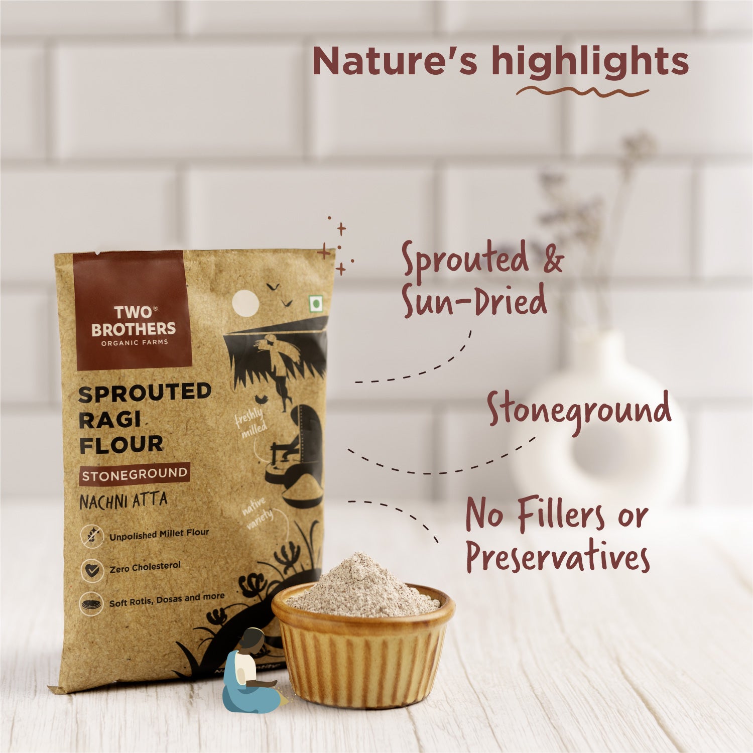 Product highlights graphic for Two Brothers Organic Farms unpolished sprouted ragi millet flour