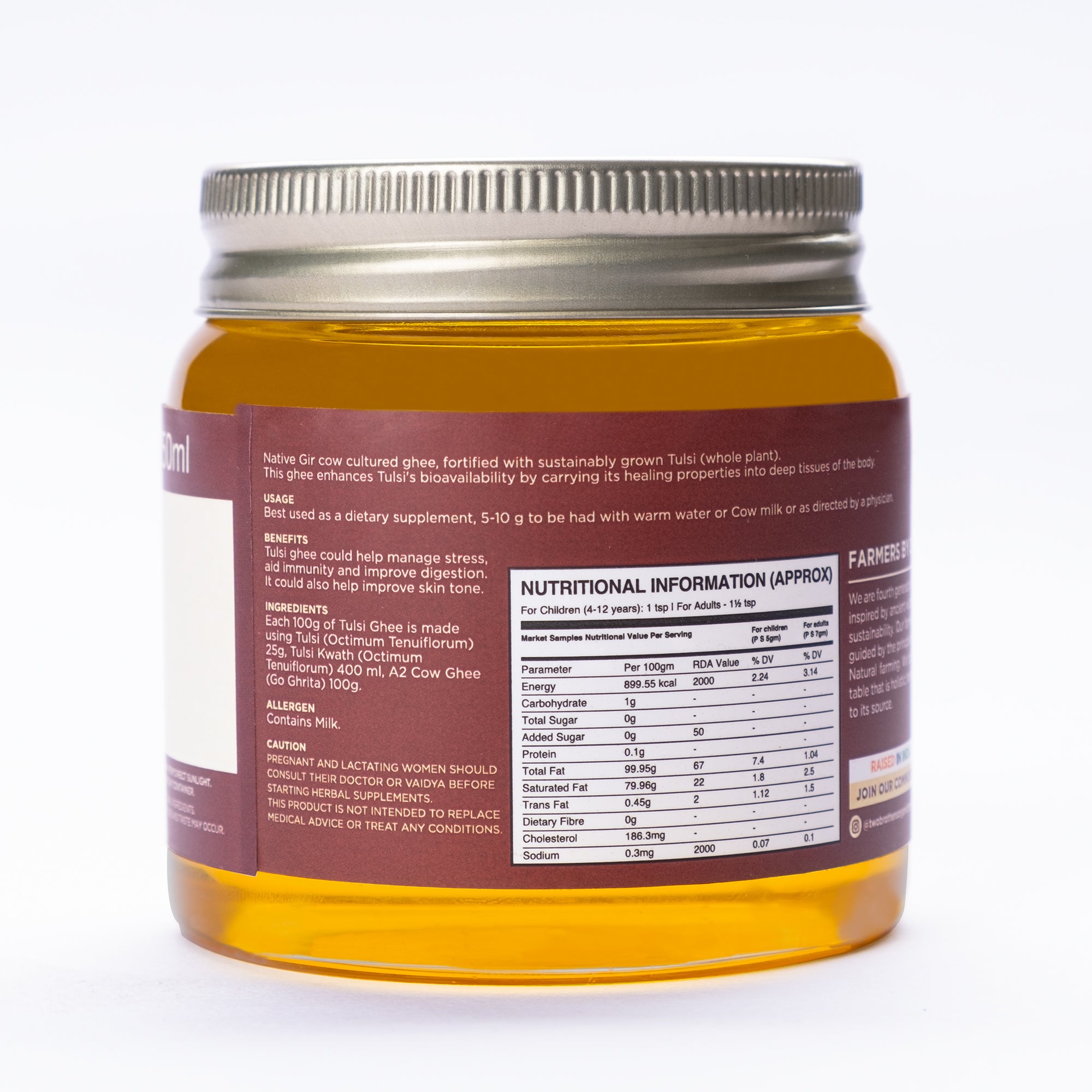 Two Brothers Organic Farms Tulsi Ghee nutritional information label