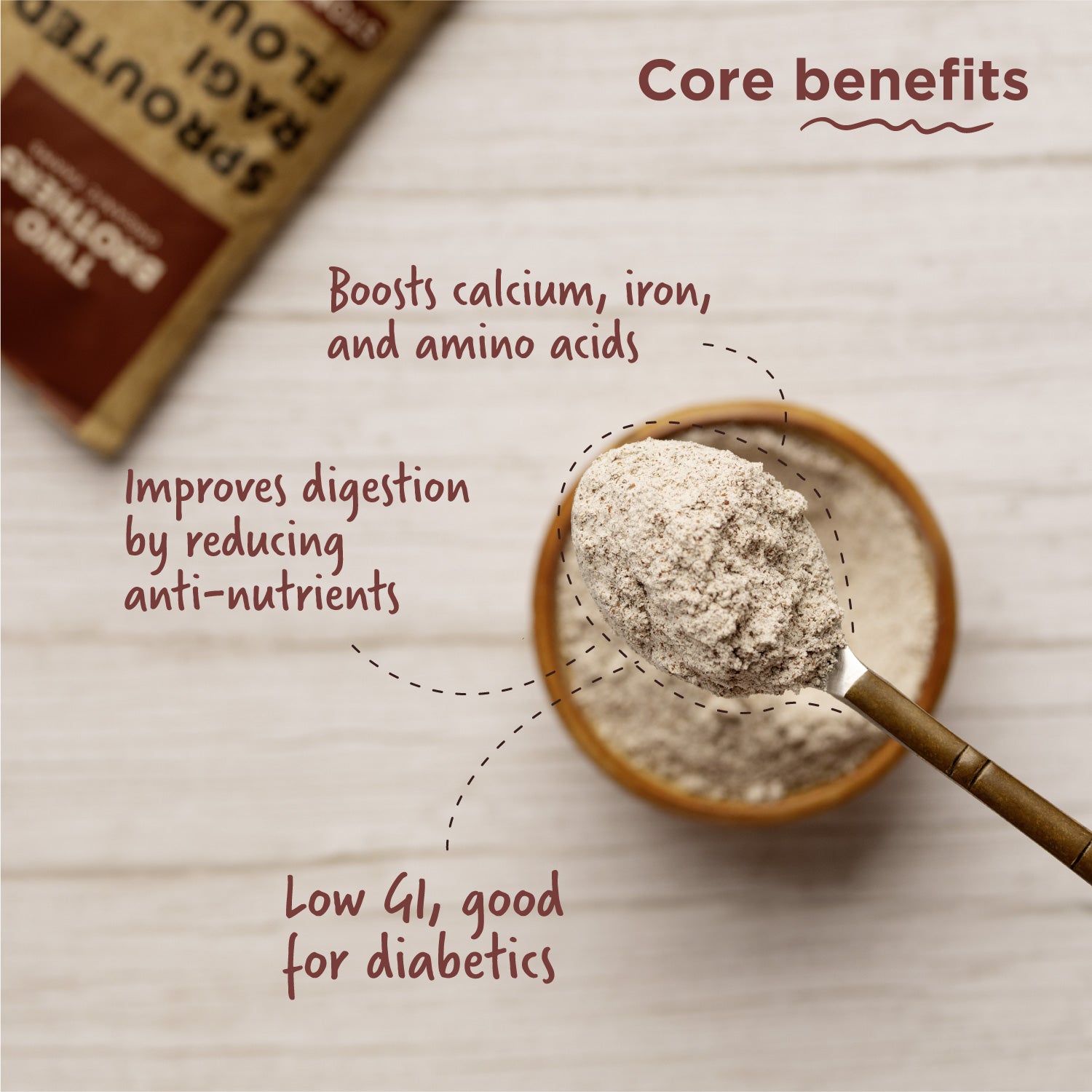 A spoon of Two Brothers Sprouted Ragi Flour with callouts for calcium, iron, improved digestion, and low GI