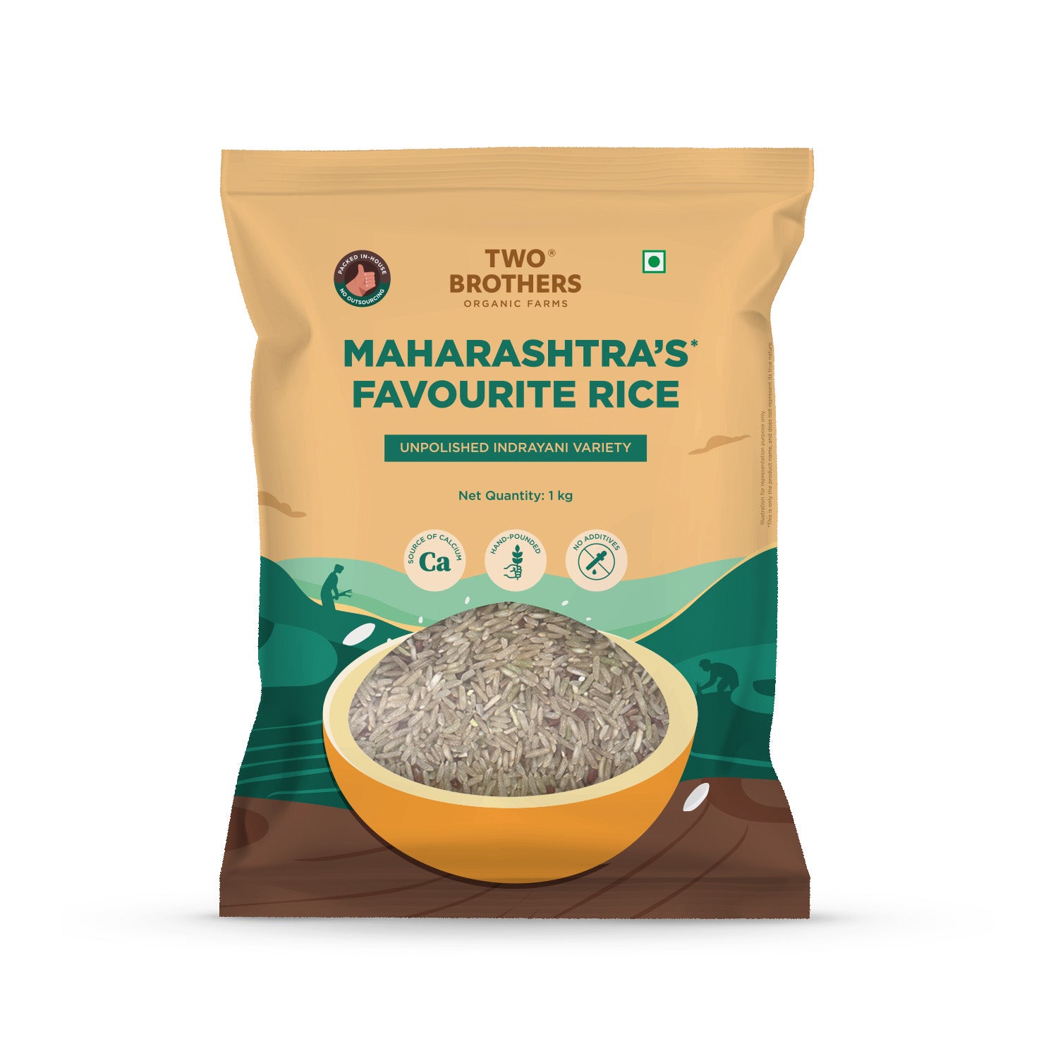 Front packaging pouch of Two Brothers unpolished Indrayani Rice 1kg featuring traditional hand-pounded product badges.