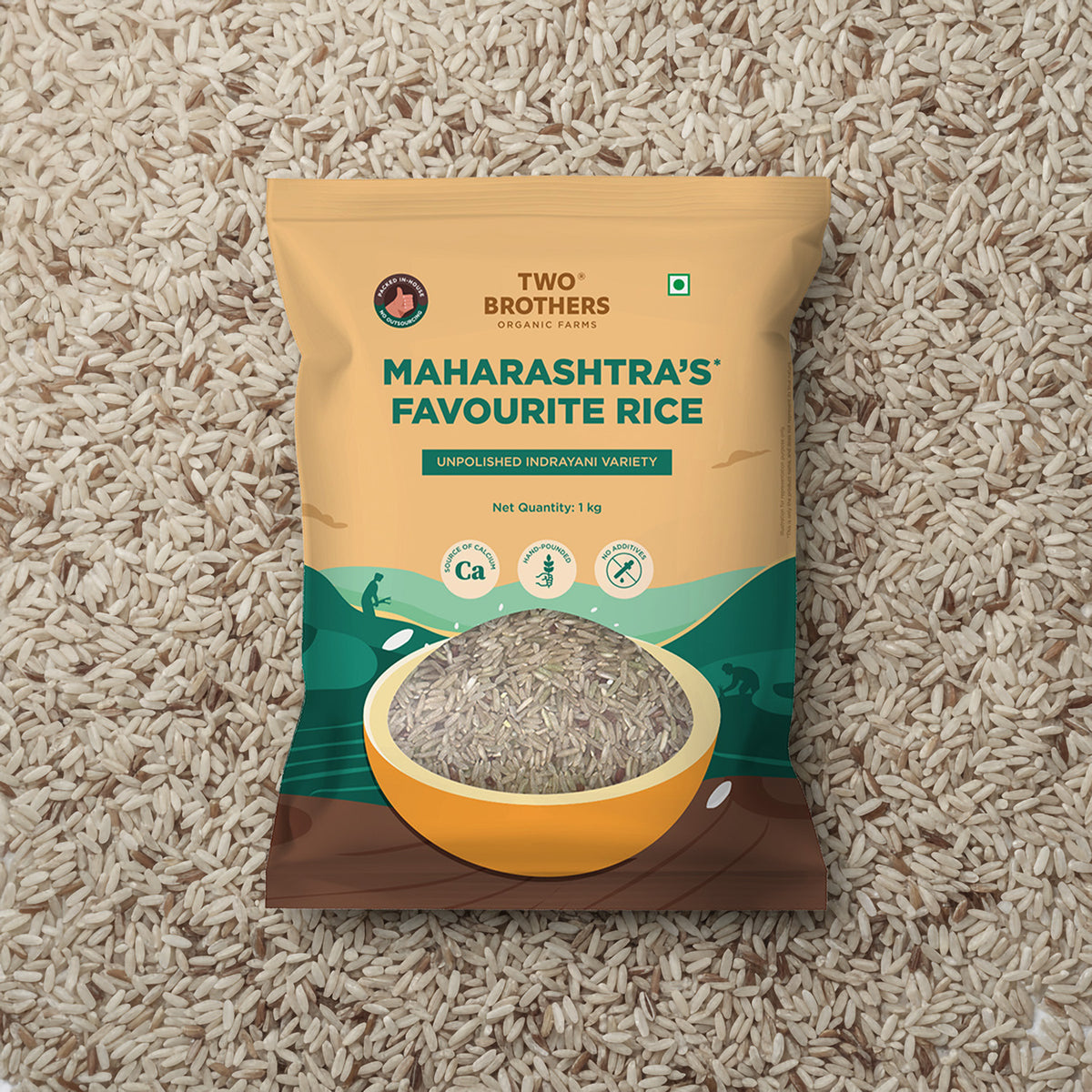 Two Brothers Maharashtra's Favourite Rice 1kg packet featuring unpolished Indrayani variety grains on a rice background.