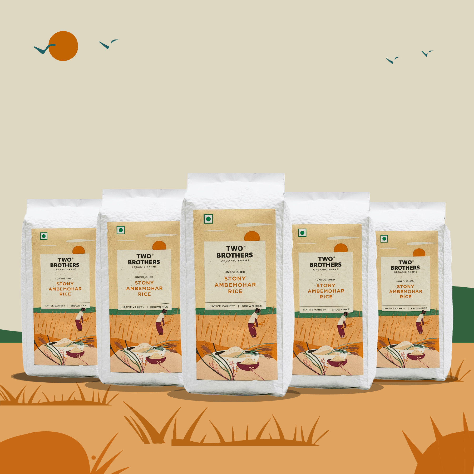 Vacuum sealed bulk packages of aromatic Two Brothers Stony Ambemohar Rice, a native unpolished variety from India.