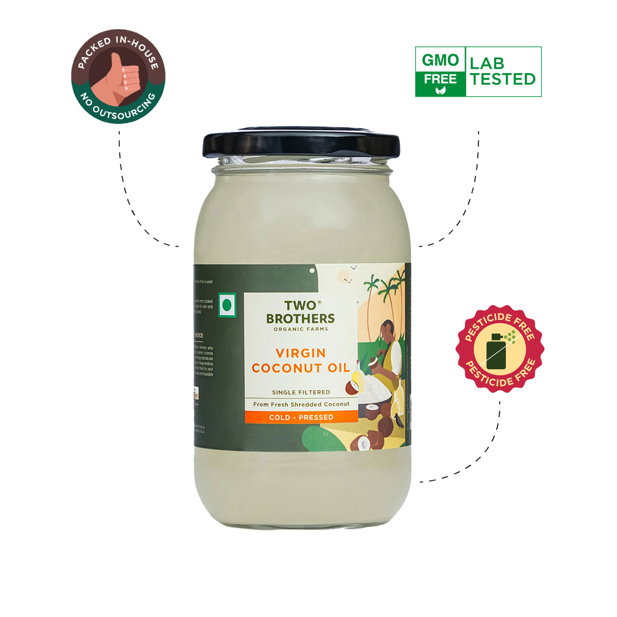 Two Brothers Virgin Coconut Oil jar surrounded by Pesticide Free, GMO Free Lab Tested, and Packed In-House trust badges.