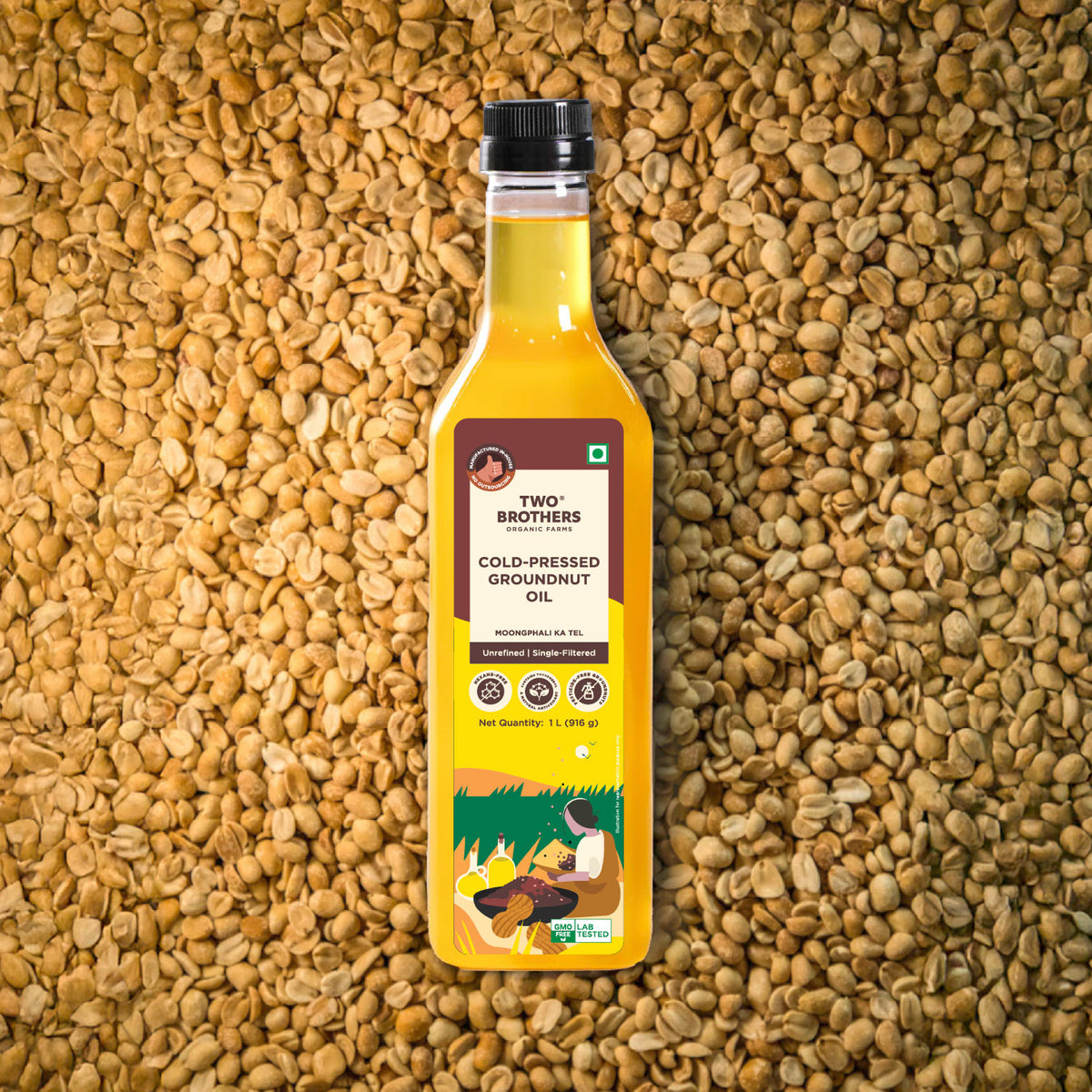 Two Brothers Organic Farms wood pressed groundnut oil in a 1 litre glass bottle